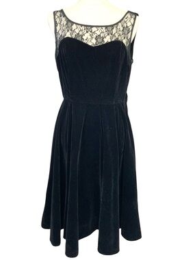 Hearts & Roses Sz 10 Black Velvet Lace Fit & Flare Sleeveless Dress‎ Goth Retro